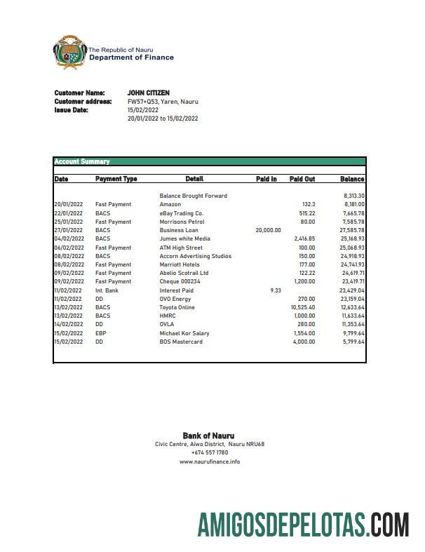 em branco Nauru Bank Of Nauru Extrato bancário Excel e modelo PDF